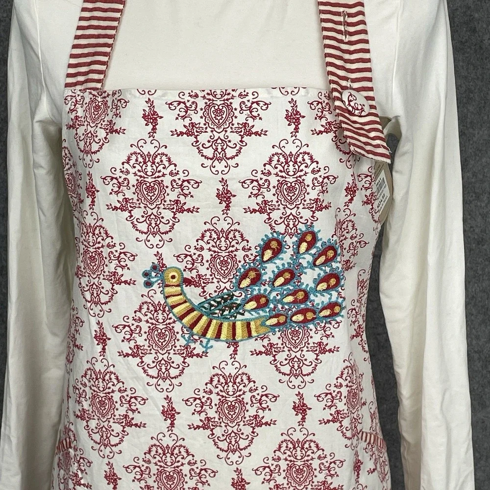 Sur La Table Embroidered Peacock Tier Ruffle Hem Apron Retro Damask Shabby Chic